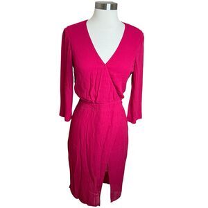 Bebe Dress Womens 6 Raspberry Pink Chiffon Faux Wrap Midi Sheer 3/4 Sleeve Lace